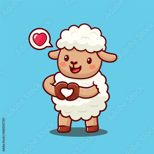 cute cartoon sheep with love hand reaction flat design good for sticker