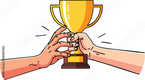 Two Hands Holding a Golden Trophy.