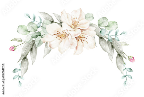 Fotomural Watercolor floral arch with elegant white azalea blossoms and soft eucalyptus leaves, ideal for wedding cards, invitations, and delicate stationery