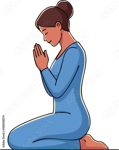Woman Kneeling in Prayer Peaceful Pose Illustration.