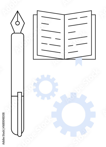 Fountain pen, open book with bookmark, and two gears symbolizing writing, learning, creativity, productivity, collaboration, innovation, and process management in a simple flat metaphor