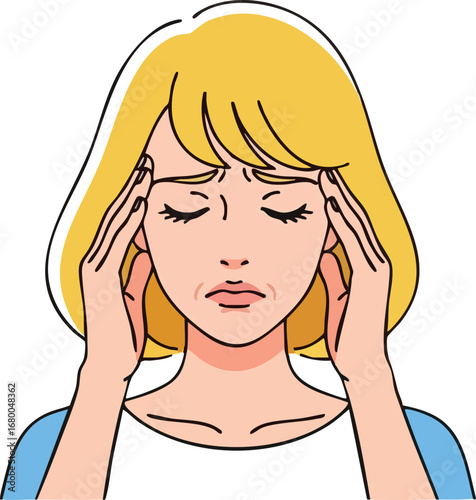 Woman with Headache Cartoon Style.