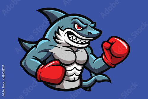 Fierce boxing shark with muscular physique and red gloves ready to fight with determination