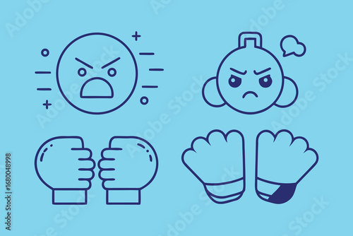 Expressive icons show anger frustration and conflict with boxing gloves ready for battle