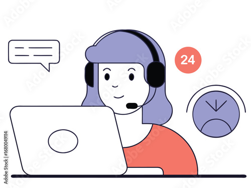 Asian girl with headset sits before laptop providing continuous twenty four hour support