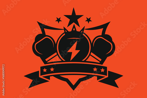 Dynamic boxing emblem with lightning bolt and stars radiates power and victory for sports branding