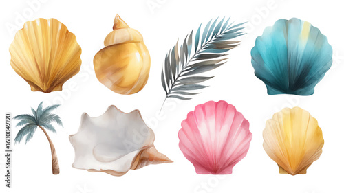 A collection of colorful seashells and palm leaf illustrations, perfect for tropical themes.