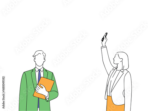 Faceless man holds folder while businesswoman with raised smartphone checks signal, background transparent