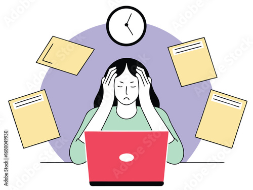 Stressed ethnic woman with head in her hands working on laptop with documents and clock