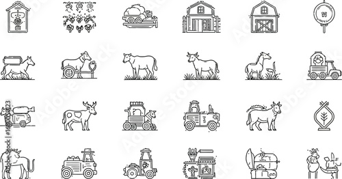 Charming countryside icons featuring farm animals, harvests, and rural life convey a vintage, pastoral vibe