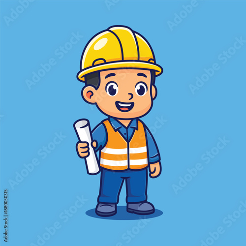 cartoon builder worker use yellow helmet and bring paper design