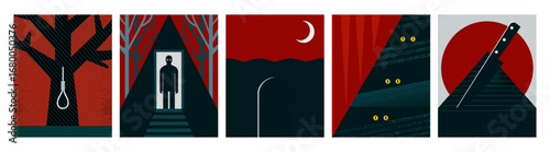 A collection of five eerie and minimalist illustrations, each depicting a different scene with a dark, suspenseful tone. The art style is bold and geometric, using a limited palette of deep red, dark 