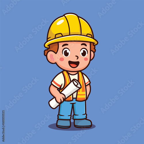 cartoon worker bring paper use yellow helmet