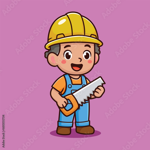 cartoon worker with saw work use yellow helmet illustration design