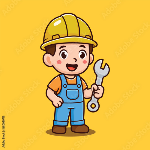 cartoon worker with yellow helmet bring tools work