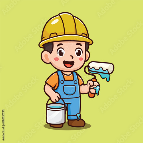 cartoon worker with yellow helmet painting wall