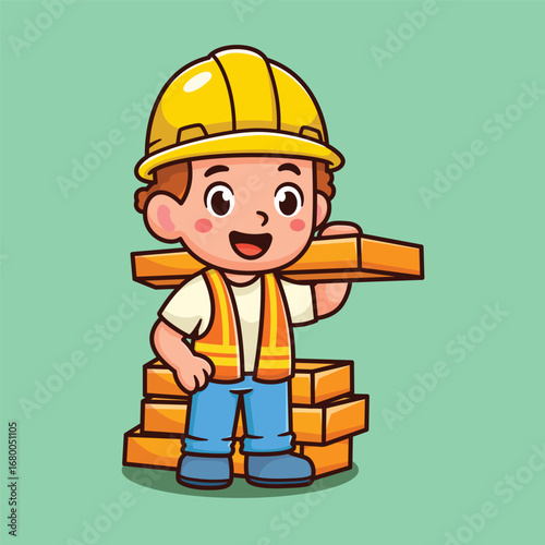illustration cute cartoon worker construction bring woods