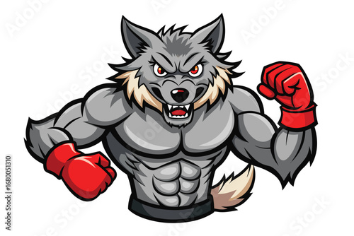Powerful wolf boxer with muscular physique and red gloves ready to fight with fierce determination