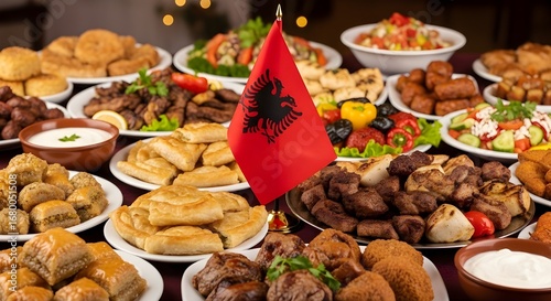 Explore albanian cuisine traditional dishes and flag showcasing culinary heritage feast