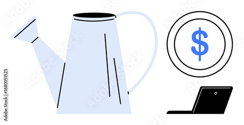 Watering can symbolizes nurturing ideas coin with dollar sign reflects money and profit laptop signifies work. Ideal for finance, investment, productivity, savings, wealth, growth, innovation within