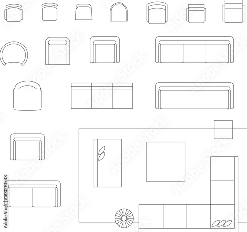 cad drawings. Chair and sofa outline top view. Floor plan icons set for design interior and architectural project. Furniture thin line icon in top view for layout.