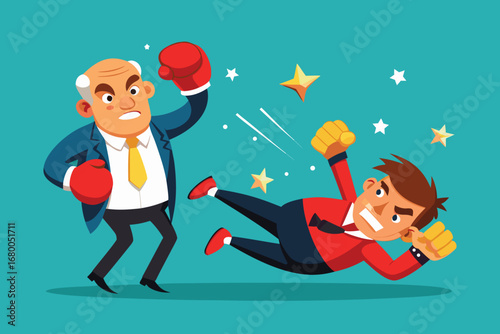 Confident older businessman knocks out younger rival in competitive business fight with boxing gloves