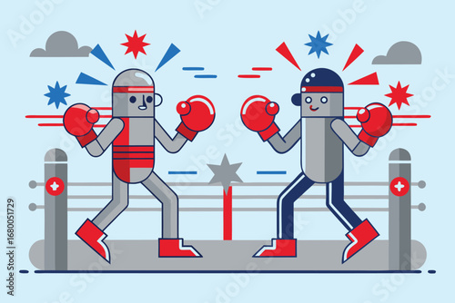 Dynamic cartoon boxers clash in a vibrant ring, symbolizing competition, challenge, and intense rivalry.