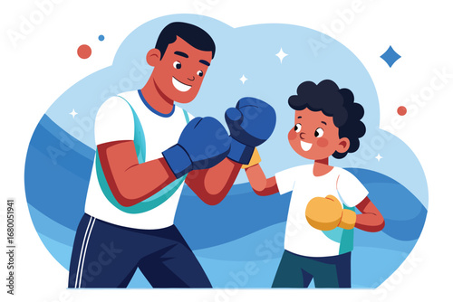 Father and son happily boxing together, promoting teamwork and active lifestyle for children