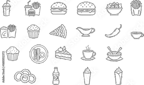 Delicious food icons for menus and modern restaurant designs with burgers, pizza, and coffee cravings
