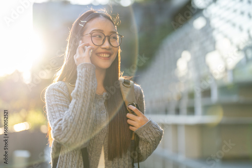 University student with backpack, campus life education journey, young asian woman ready for class, studying and learning, academic lifestyle college campus background, knowledge and growth