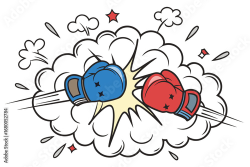 Dynamic boxing gloves clash creating explosive impact with comic book style action bursts