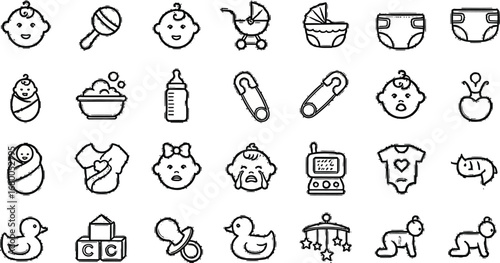 Adorable baby essentials icons perfect for a baby shower invitation or nursery decor, a cute vector set