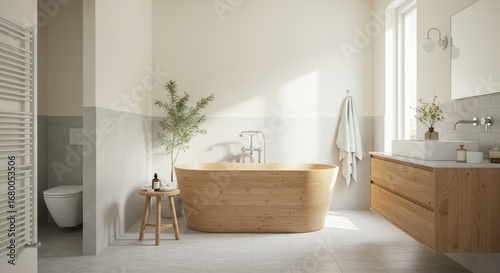 Modern Bathroom with Wooden Bathtub and Natural Light