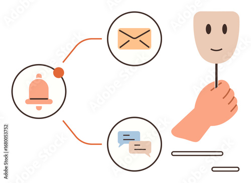 Notifications, email, messaging conversations linked to smiling face mask held by hand. Ideal for personal branding, social media interaction, anonymity, communication, identity, connection