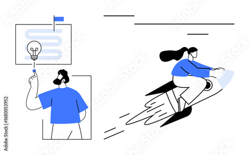 Man analyzing plans with a lightbulb and woman on a rocket symbolizing idea generation, creative thinking, innovation, business growth, progress, team collaboration, goal achievement. Ideal