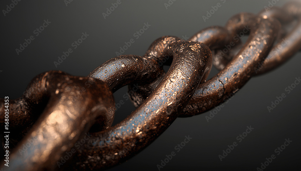 Fototapeta premium A detailed close-up image of weathered and corroded industrial iron chain links, showing a grungy texture and symbolizing strength, bondage, or connection