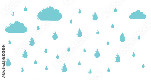 A simple, graphic illustration of rainy weather with outlined clouds and various sizes of blue raindrops falling, representing weather, water, or a simple forecast icon.