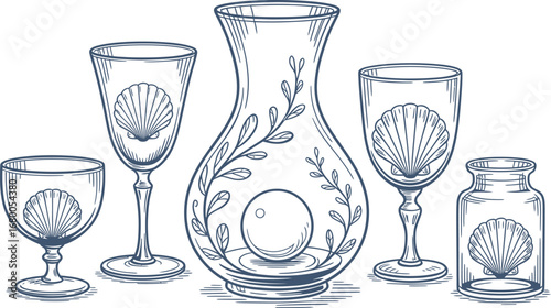 Vintage Glassware with Seashells and Orb antique illustration