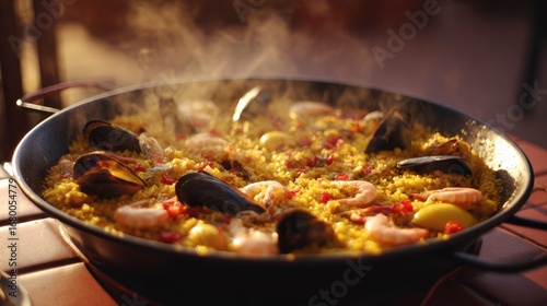 Golden paella with saffron and seafood, steaming against a sunset backdrop, celebrating Spain's rich culinary heritage.