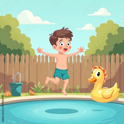 Joyful Boy Leaps into Sunny Poolside Paradise