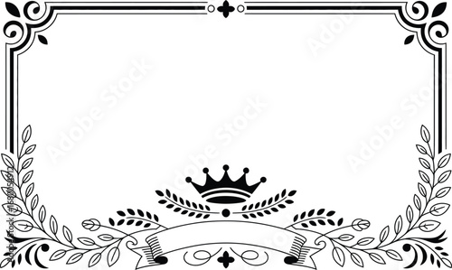 Ornate black and white decorative border with crown and banner