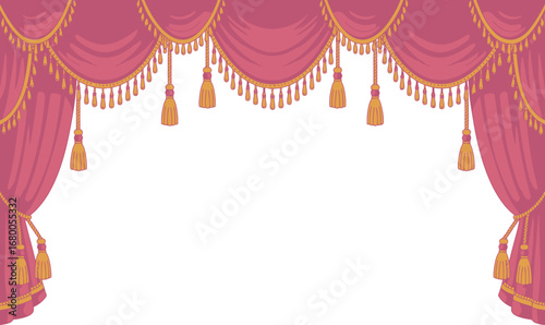Pink and gold theatrical stage curtains with decorative tassels