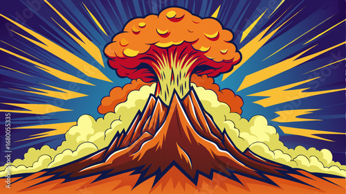 A dramatic volcanic eruption with an enormous mushroom cloud of fire and smoke rising above the mountain, rendered in a striking retro comic book illustration style.