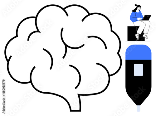 Woman sitting on a giant highlighter pen with a laptop beside a large brain outline. Ideal for creativity, education, innovation, brainstorming, knowledge, productivity, self-development. A simple