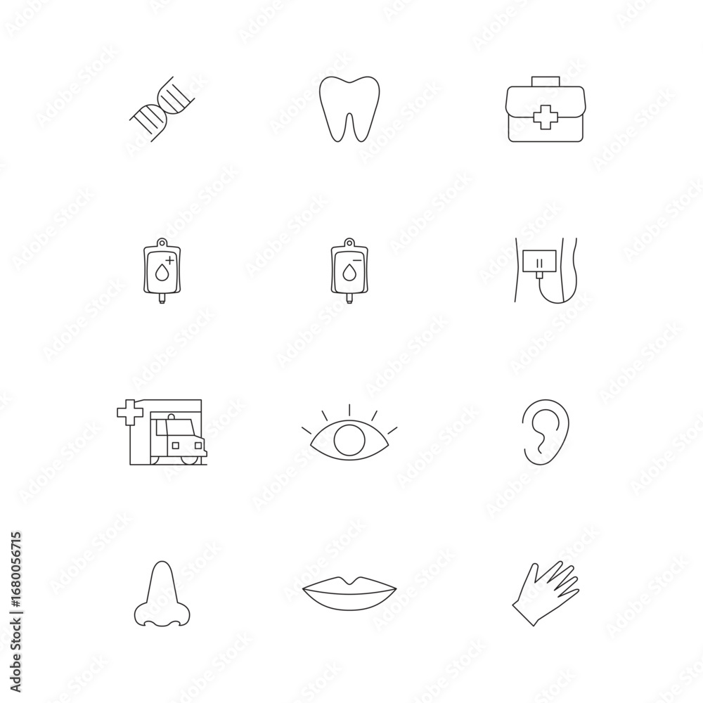 Fototapeta premium Medical and healthcare icon set. Human five sense medicine, and blood donor symbol collection related simple line art design component 