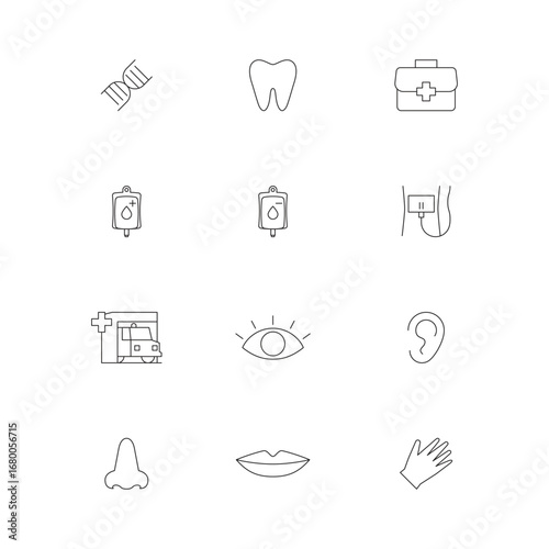 Medical and healthcare icon set. Human five sense medicine, and blood donor symbol collection related simple line art design component 