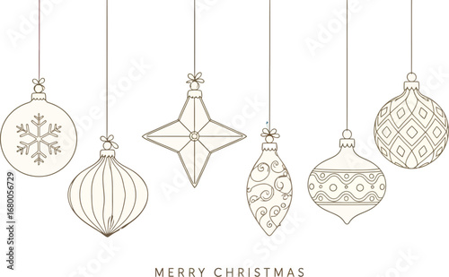 Delicate line art Christmas ornaments dangle elegantly above warm Merry Christmas text