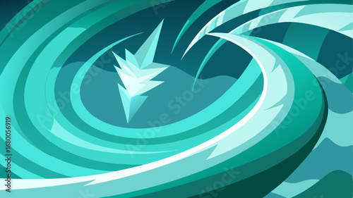 Abstract, dynamic whirlpool or tidal wave illustration in shades of cool teal and blue, with a stylized ice or crystal formation at the center. Vector graphic for concepts of power, motion, and cold.