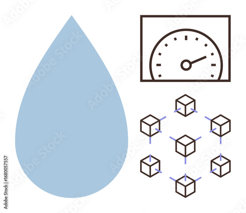 Large blue water drop, performance speed meter, and cube network interconnected by lines. Ideal for sustainability, IoT, resource management, technology, data flow, innovation simple flat metaphor