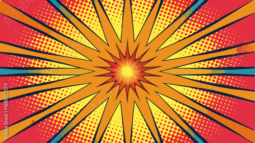 Intense pop art sunburst/starburst background with radial rays and retro halftone dots. Dynamic comic book explosion graphic in bold colors (red, orange, yellow). Ideal for sales and headlines.